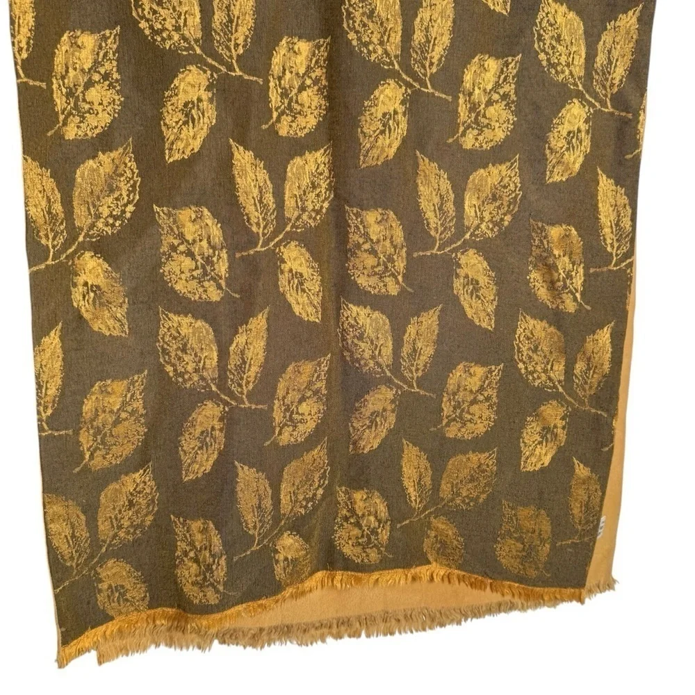 Bloomingdale’s Made In Italy Silk and Wool Scarf With Leaf Motif Golden Yellow